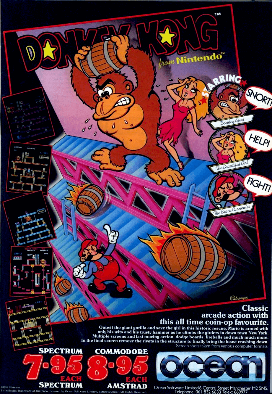 Image For Post | **Description**  
Released in the arcades in 1981, Donkey Kong was not only Nintendo's first real smash hit for the company, but marked the introduction for two of their most popular mascots: Mario (originally "Jumpman") and Donkey Kong.
Donkey Kong is a platform-action game that has Mario scale four different industrial themed levels (construction zone, cement factory, an elevator-themed level, and removing rivets from girders) in an attempt to save the damsel in distress, Pauline, from the big ape before the timer runs out. Once the rivets are removed from the final level, Donkey Kong falls, and the two lovers are reunited. From there, the levels start over at a higher difficulty.

Along the way, Mario must dodge a constant stream of barrels, "living" fireballs, and spring-weights. Although not as powerful as in other future games, Mario can find a hammer which allows him to destroy the barrels and fireballs for a limited amount of time. Additionally, Mario can also find Pauline's hat, purse and umbrella for additional bonus points.

Donkey Kong is also notable for being one of the first complete narratives in video game form, told through simplistic cut scenes that advance the story. It should also be noted that in many conversions of the original coin-op game for early 1980's consoles and computer-systems, Donkey Kong only used two or three of the original levels, with the cement factory most often omitted.

**Mario as a carpenter**  
By Miyamoto's own account, Mario's profession was chosen to fit with the game design. Since Donkey Kong was set on a construction site, Mario was made into a carpenter. When he appeared again in Mario Bros., it was decided he should be a plumber, since a lot of the game is played in underground settings.

Mario's character design, particularly his large nose, draws on western influences; once he became a plumber, Miyamoto decided to "put him in New York" and make him Italian, lightheartedly attributing Mario's nationality to his mustache.[sic] Other sources have Mario's profession chosen to be carpenter in an effort to depict the character as an ordinary hard worker, and make it easier for players to identify with him. After a colleague suggested that Mario more closely resembled a plumber, Miyamoto changed Mario's profession accordingly and developed Mario Bros., featuring the character in the sewers of New York City.

**Alternate Titles**  
    "Donkey Kong-e" -- e-Reader title
    "DK" -- Common abbreviation
    "ドンキーコング" -- Japanese spelling