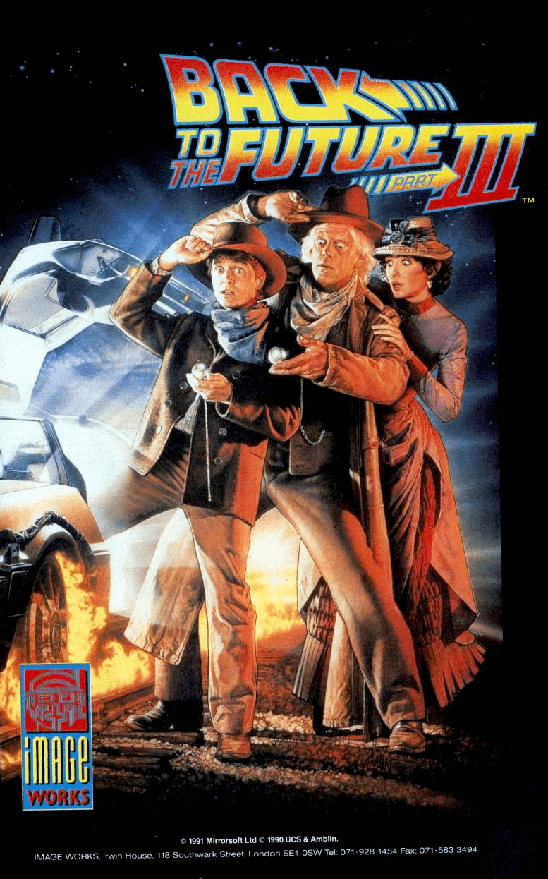 Image For Post | Back to the Future Part III (or Back to the Future III) is the title of a video game based on the film of the same name. The game is different from LJN's Back to the Future Part II &amp; III video game released for the NES.

**Description**  
Back to the Future III is a collection of four arcade games. Marty McFly and Doc Brown have traveled back through time to the year 1885 - and they're soon deep in trouble when they face "Mad Dog" Tannen's gang and have to find a way to return to the present. This game takes four scenes from the Hollywood movie Back to the Future III and turns them into arcade sequences:

Buckboard Chase: Doc Brown goes horseback in an attempt to save Hill Valley's lovely school teacher Clara. This game of quick ducking, jumping and shooting alternates between a side-scrolling and a top-down perspective.

Shooting Gallery: The name says it all. A classic game of aim-and-shoot, spiced up by hidden extras and bonus targets.

Pie Throwing: Meet the Mad Dog gang. They have guns, and you have... cream pies. It's an isometric version of the shooting gallery, only with ammo. And the targets shoot back.


The Train: Basically a side-scrolling beat-em-up on train wagons with some ducking and jumping. Get rid of the mechanics and collect speed logs to push the engine to a magic 88 mph.

**Sega Megadrive version**  
The Genesis/Mega Drive version of 
the game has a very dark and muddy color palette. This wasn't done by 
design, though; there's actually a bug in the palette handling code 
which causes one-third of all color data to be lost. This means that 
everything is much darker than it should be, and that there's detail in 
the graphics that doesn't show up at all!
**Alternate Titles**  
    "Paluu Tulevaisuuteen 3" -- Finnish title