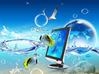 A PC monitor standing on a bright sandy seafloor with bubbles and exotic fish surrounding it and a seagul flying by