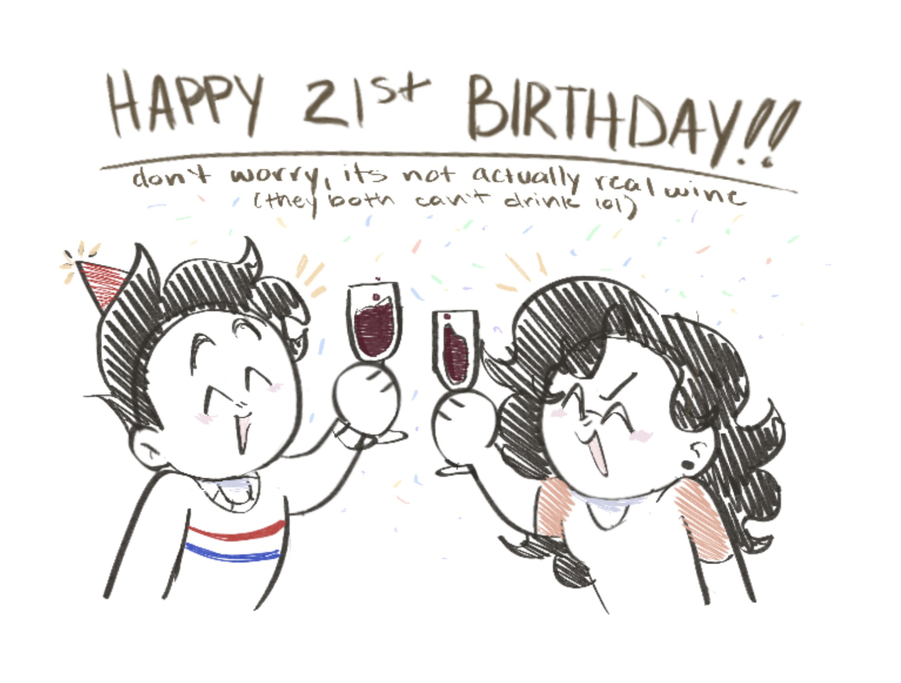 2024 Birthday Celebration. Pancho and Mayo celebrate Pancho's 21st birthday by holding two glasses of wine. The text over them says: Happy 21st Birthday!! don't worry, its not actually real wine (they both can't drink lol)