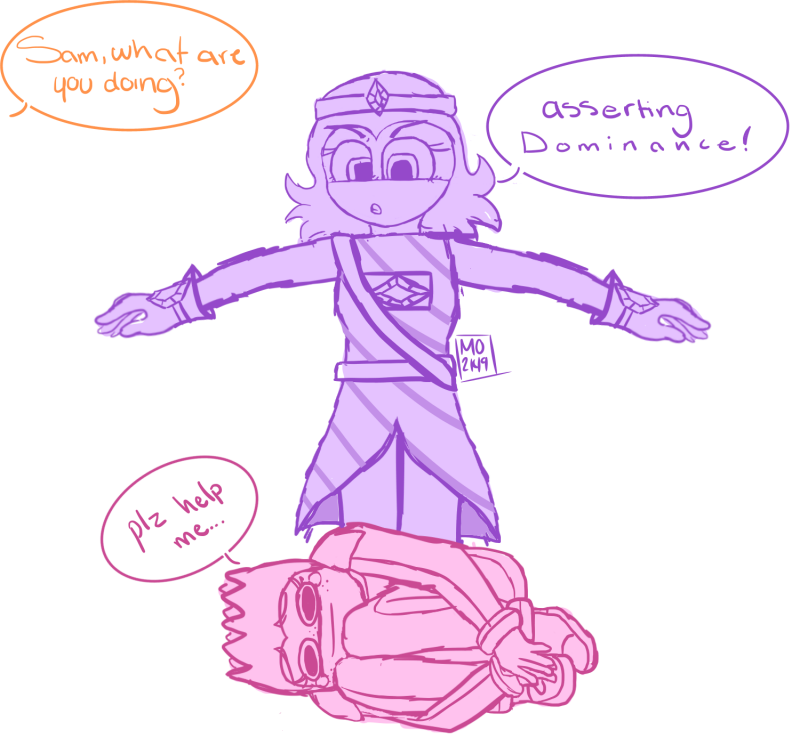 Sam t-poses over Alex as Alex lays down in the fetal position. Ember is off-screen. Ember- Sam, what are you doing? Sam- asseting Dominance! Alex- Plz help me...