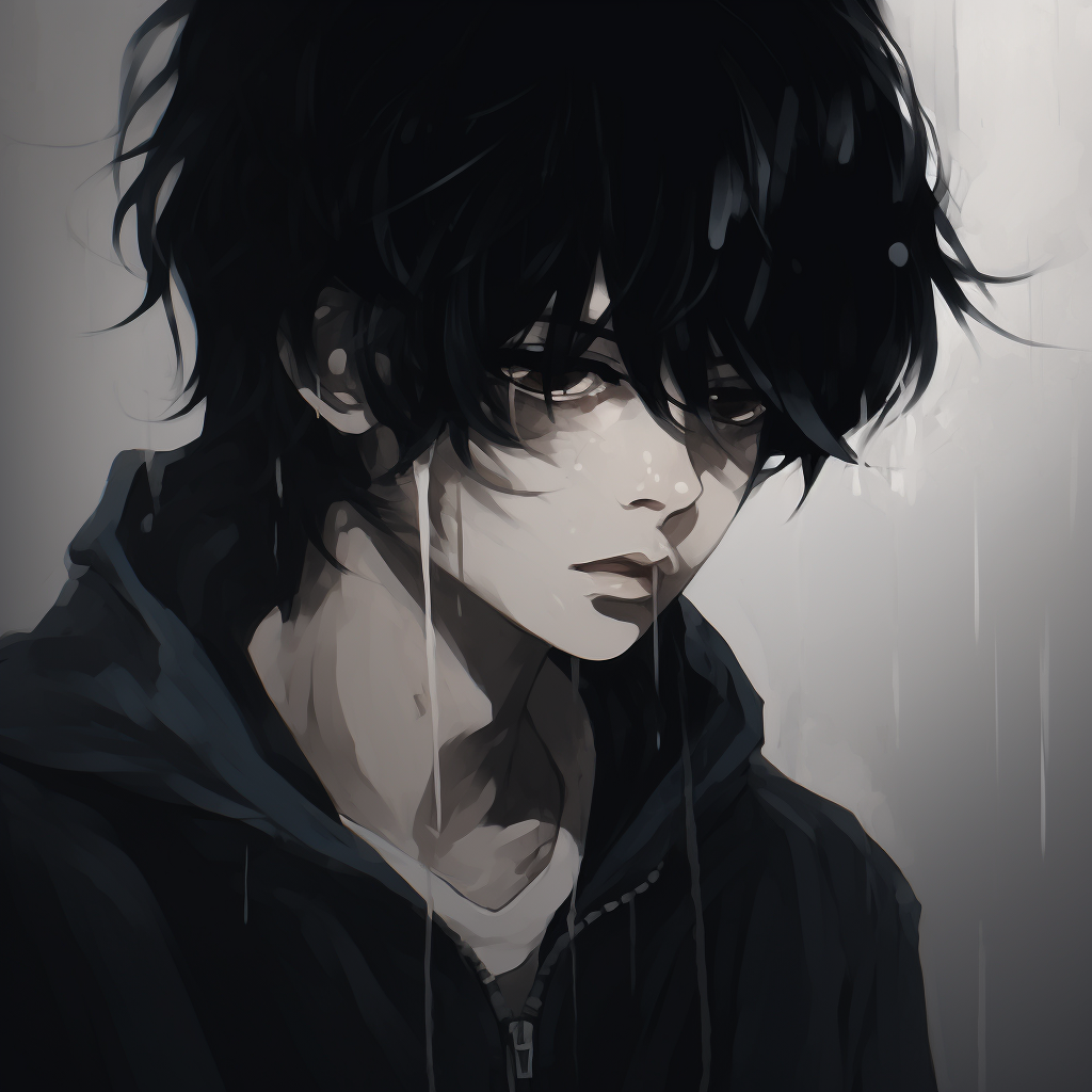Black and white profile picture of a depressed anime man on Craiyon