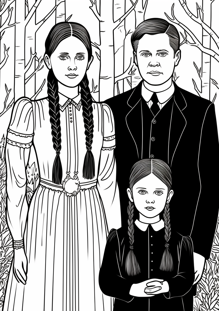 Image For Post | A detailed family portrait featuring Wednesday Addams; fine lines and shading. printable coloring page, black and white, free download - [Wednesday Addams Coloring Pictures Pages ](https://hero.page/coloring/wednesday-addams-coloring-pictures-pages-fun-and-creative)