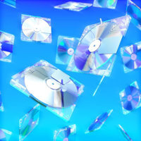 Crystal clear minidiscs falling through a bright blue sky