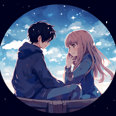 Image For Post | Anime couple gazing at the stars, vast cosmic backdrop with vibrant shades of blue. aesthetic desires: matching anime pfp for visual couples - [Boosted Selection of Matching Anime PFP for Couples](https://hero.page/pfp/boosted-selection-of-matching-anime-pfp-for-couples)