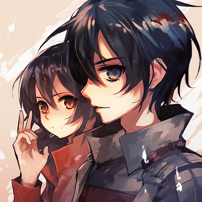Image For Post | Duo pfps featuring Eren and Mikasa from Attack on Titan, contrasting colors and dynamic lines. general anime pfp matching - [anime pfp matching concepts](https://hero.page/pfp/anime-pfp-matching-concepts)