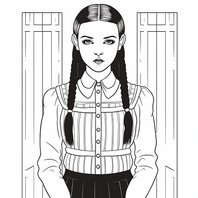 Image For Post | A representation of Wednesday Addams in her usual posture; detailed Gothic designs on her dress. printable coloring page, black and white, free download - [Wednesday Addams Coloring Pictures Pages ](https://hero.page/coloring/wednesday-addams-coloring-pictures-pages-fun-and-creative)