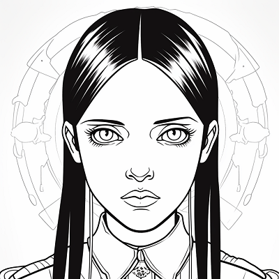 Image For Post | Facial focused image of Wednesday Addams with prominent gothic elements; fine detailing on the face. printable coloring page, black and white, free download - [Wednesday Addams Printable Coloring Pages, Adult Coloring Crafts, Kid Fun Pages](https://hero.page/coloring/wednesday-addams-printable-coloring-pages-adult-coloring-crafts-kid-fun-pages)