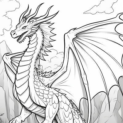 Image For Post | Large dragon flying in midair; detailed scales and feathery wings.printable coloring page, black and white, free download - [Dragon Coloring Page ](https://hero.page/coloring/dragon-coloring-page-printable-and-creative-designs)