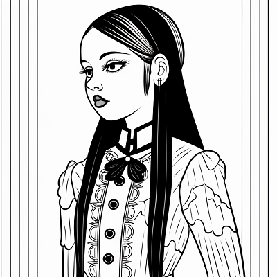 Image For Post | Wednesday Addams seen from the side, surrounded by intricate charm. printable coloring page, black and white, free download - [Wednesday Addams Coloring Book Pages ](https://hero.page/coloring/wednesday-addams-coloring-book-pages-fun-coloring-for-all-ages)