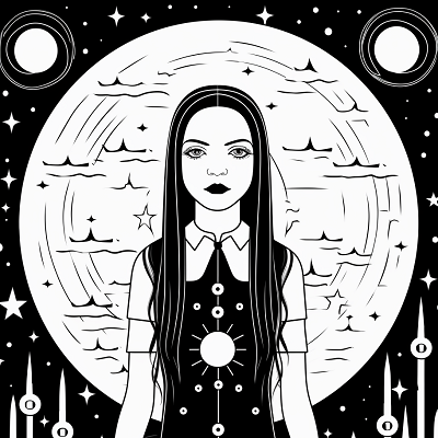 Image For Post | Wednesday Addams beneath the moonlight; contrast of light and shadows, surrounded by stars and mystical signs. printable coloring page, black and white, free download - [Wednesday Addams Coloring Book Pages ](https://hero.page/coloring/wednesday-addams-coloring-book-pages-fun-coloring-for-all-ages)
