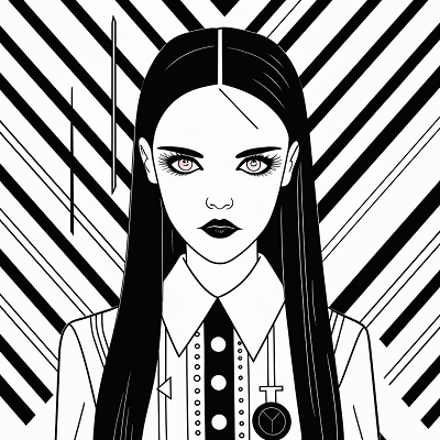 Image For Post | Wednesday Addams illustrated with a focus on geometrical shapes; bold angles and lines dominating her gothic look. printable coloring page, black and white, free download - [Wednesday Addams Coloring Pages ](https://hero.page/coloring/wednesday-addams-coloring-pages-kids-and-adult-relaxation)