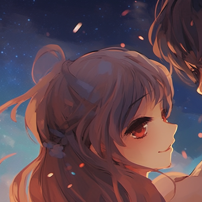 Image For Post | Two characters leaning towards each other, dreamy eyes and a backdrop of stars. sweet matching couple pfp pfp for discord. - [matching couple pfp, aesthetic matching pfp ideas](https://hero.page/pfp/matching-couple-pfp-aesthetic-matching-pfp-ideas)