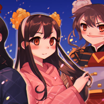 Image For Post | Four characters in traditional festival outfits, warm colors and yukatas, fireworks in the background. trending matching pfp for 4 friends pfp for discord. - [matching pfp for 4 friends, aesthetic matching pfp ideas](https://hero.page/pfp/matching-pfp-for-4-friends-aesthetic-matching-pfp-ideas)