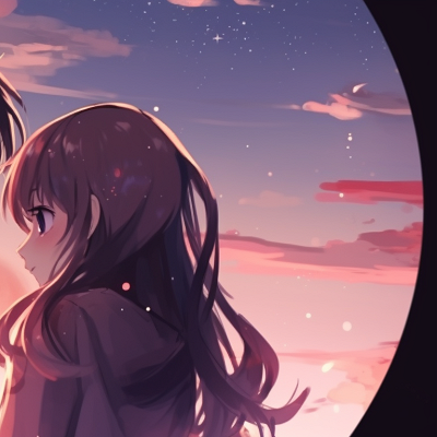 Image For Post | Two characters, rich colors and starry background, holding hands. creative ideas for anime couples matching pfp pfp for discord. - [anime couples matching pfp, aesthetic matching pfp ideas](https://hero.page/pfp/anime-couples-matching-pfp-aesthetic-matching-pfp-ideas)