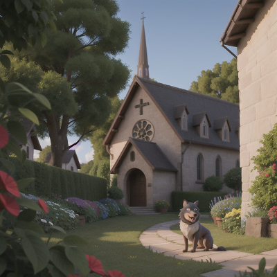 Image For Post Anime, village, cathedral, garden, werewolf, dog, HD, 4K, AI Generated Art