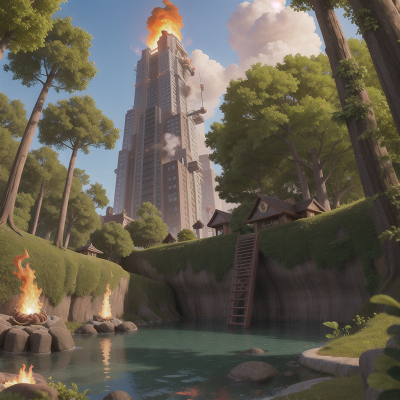Image For Post Anime, skyscraper, troll, fire, forest, mermaid, HD, 4K, AI Generated Art