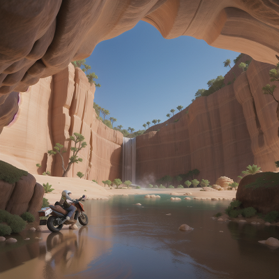 Image For Post Anime, cave, desert oasis, waterfall, wind, motorcycle, HD, 4K, AI Generated Art