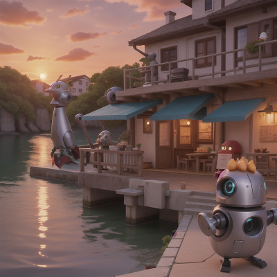 Image For Post Anime, camera, bird, robot, seafood restaurant, sunset, HD, 4K, AI Generated Art