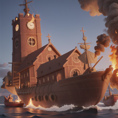 Image For Post Anime, time machine, fire, pirate ship, cathedral, farm, HD, 4K, AI Generated Art
