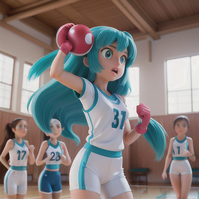 Image For Post Anime Art, Skilled team captain, long turquoise hair, inside a packed gymnasium