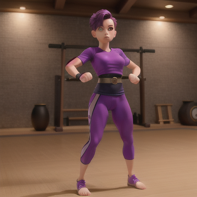 Image For Post Anime Art, Resolute martial arts expert, fierce short purple hair, in the midst of a training session