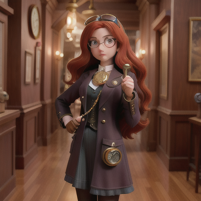 Image For Post | Anime, manga, Time-traveling detective girl, long scarlet hair, standing in a moody Victorian-era city, examining clues with a magnifying glass, a pocket watch with mysterious symbols in her other hand, trendy steampunk attire including brass goggles, dynamic angles and detailed artwork, an air of mystery and intrigue - [AI Art, Anime Characters Wearing Glasses ](https://hero.page/examples/anime-characters-wearing-glasses-stable-diffusion-prompt-library)