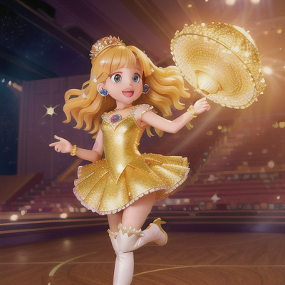 Image For Post Anime Art, Lighthearted idol singer, glittering golden hair cascading down her back, on a dazzling stage with a cheerin