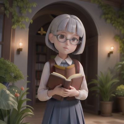 Image For Post Anime Art, Curious young librarian, silver hair in a bob cut, in a serene indoor garden at dusk