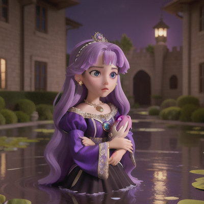 Image For Post Anime Art, Grieving young princess, cascading lavender hair, in a moonlit royal courtyard