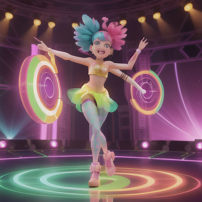 Image For Post Anime Art, Radiant idol, holographic multicolored hair with a wide headband, on a futuristic stage with dazzling light