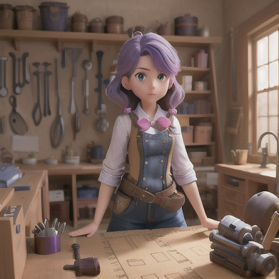 Image For Post Anime Art, Passionate high school inventor, lavender hair and a determined expression, in a cluttered workshop