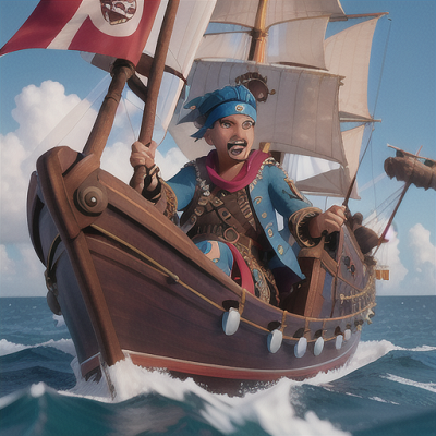 Image For Post Anime Art, Charismatic pirate captain, wild blue hair tied with a bandana, on a vast ocean scene