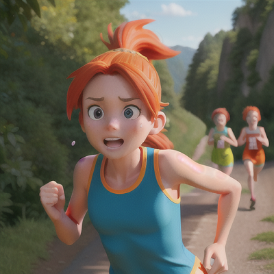 Image For Post Anime Art, Endurance-driven marathoner, vibrant orange hair in a ponytail, pushing through a scenic countryside trail