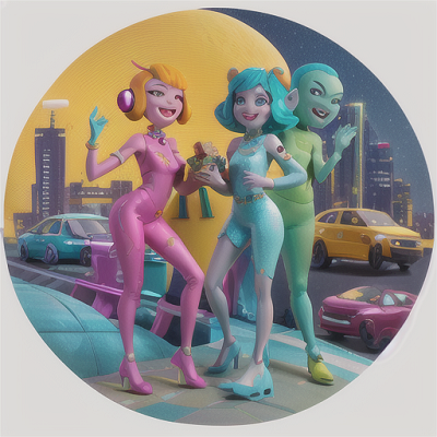 Image For Post | Anime, manga, Cheerful alien ambassadors, turquoise skin with yellow eyes, in a vibrant extraterrestrial cityscape, sharing a gleeful moment while exchanging gifts, futuristic buildings and hovering vehicles, sleek and eye-catching otherworldly attire, bold and imaginative anime style, jovial and peaceful ambiance - [AI Art, Anime Laughing Moments ](https://hero.page/examples/anime-laughing-moments-stable-diffusion-prompt-library)