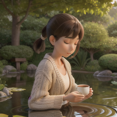 Image For Post Anime Art, Quietly contemplative coffee drinker, dark brown hair in a low ponytail, in a serene Japanese garden