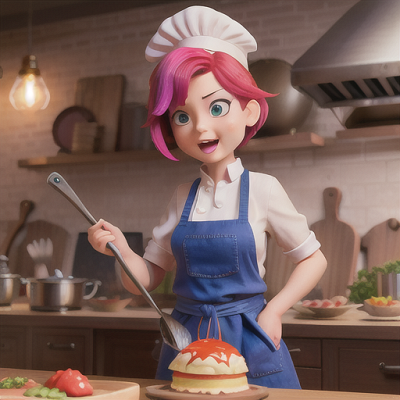 Image For Post Anime Art, Feisty chef apprentice, vibrant rainbow hair in a short bob, in a chaotic restaurant kitchen