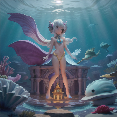 Image For Post Anime Art, Curious shapeshifter, silver hair with a celestial shimmer, in an illuminated underwater city