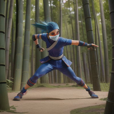 Image For Post Anime Art, Spirited ninja warrior, electric blue hair with a masked bandana, in a dense bamboo forest
