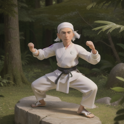 Image For Post Anime Art, Wandering martial artist, striking white hair wrapped in a simple bandana, in a remote dojo surrounded by na