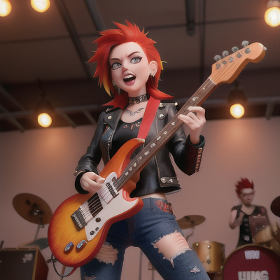 Image For Post Anime Art, Rebellious punk-rocker, tousled and fiery red hair with various piercings, performing at an underground musi