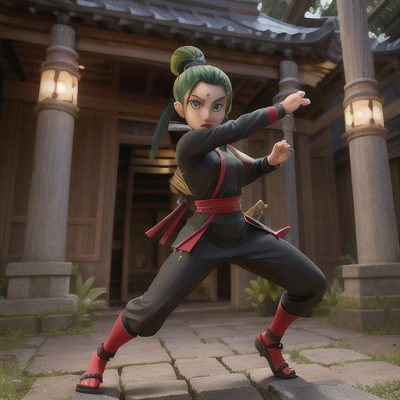 Image For Post Anime Art, Skilled ninja warrior, dark green hair in a tight bun, traversing through an ancient temple