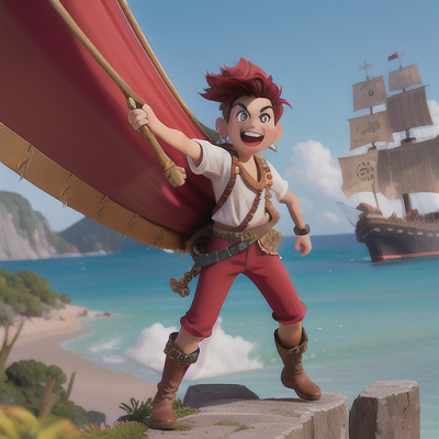 Image For Post Anime Art, Charismatic pirate captain, black spiky hair with a red bandana, on an adventure-filled island