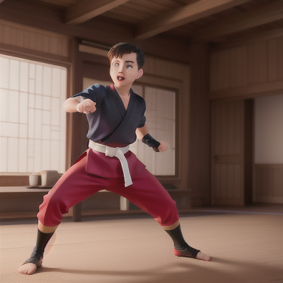 Image For Post Anime Art, Confident martial artist boy, cluster of freckles around his blue eyes, standing in a dojo