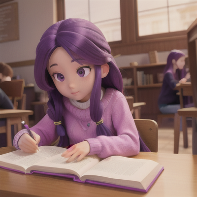 Image For Post Anime Art, Hardworking college student, long and messy purple hair secured with a pencil, in a cozy cafe