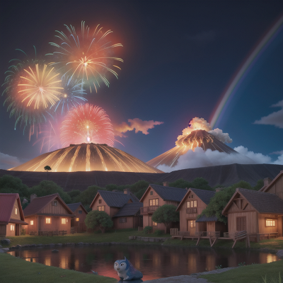 Image For Post Anime, village, fireworks, rainbow, volcano, owl, HD, 4K, AI Generated Art