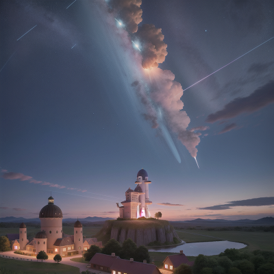Image For Post Anime, meteor shower, wizard's hat, skyscraper, farm, space shuttle, HD, 4K, AI Generated Art