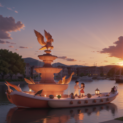 Image For Post Anime, seafood restaurant, sunset, boat, phoenix, fountain, HD, 4K, AI Generated Art