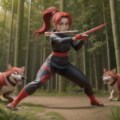 Image For Post | Anime, manga, Skilled kunoichi, crimson hair in a high ponytail, amidst a bamboo forest, evading traps and adversaries, a pack of ninja dogs following her lead, fitted black and red ninja garb with concealed blades, fluid and dynamic movement in the art, determination and finesse embodied in each step - [AI Art, Ninja Themed Anime ](https://hero.page/examples/ninja-themed-anime-stable-diffusion-prompt-library)