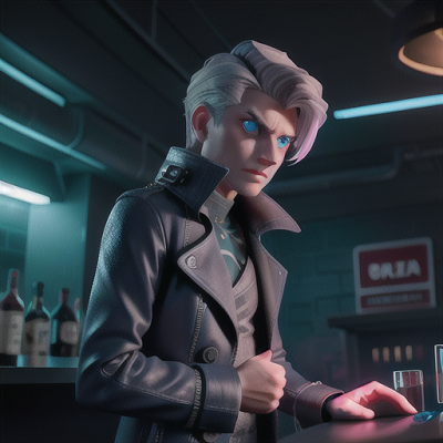 Image For Post Anime Art, Brooding anti-hero, smoky grey hair and icy blue eyes, in a dimly lit techno-bar